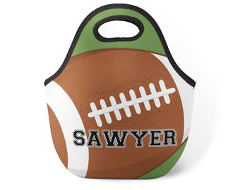 Sports Personalized Lunch Tote - Green Sports Football Snack Sack, Brown Football Player Neoprene Lunch Tote Bag - Kids Name Gift