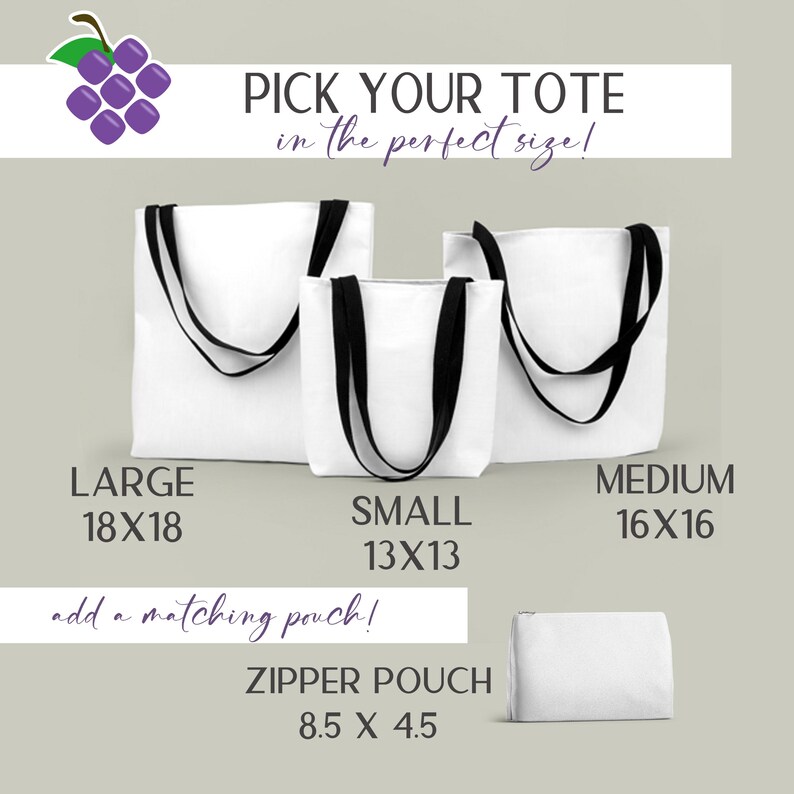 three white tote bags with black straps, each labeled with a different size: "LARGE 18X18", "SMALL 13X13", and "MEDIUM 16X16". The bags are accompanied by a matching pouch, and the image also includes a zipper pouch with a size of "85 X 45".