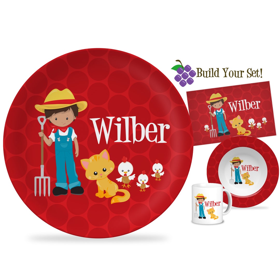 Kids Farm Plate Red Polka Dots Farming Dinner Plate, Animal Farmer Boy