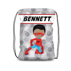 Superhero Personalized Drawstring Backpack - Gray Super Hero Cinch Sack, Red Blue Spider Boy Superhero Bag, You Pick Boy - Kids Name Gift