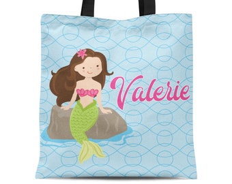 Personalized Mermaid Tote Bag - Blue Bubble Ocean Waves Mermaid Tote Bag, Pink Mermaid Tote Bag, You Pick Mermaid - Kids Name Gift Bag