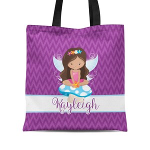 Fairy Personalized Tote Bag - Purple Chevron Fairytale Bag Sack, Pink Mushroom Magic Fairy Girl Tote Bag, You Pick Girl - Kids Name Gift