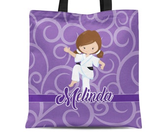 Karate Tote Bag - Lavender Swirls Ninja Sack Bag, Kids Purple Black Belt Karate Girl Personalized Tote Bag, You Pick Girl - Childs Name Gift