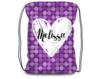 Heart Drawstring Backpack - Purple Polka Dot Heart Cinch Sack, Violet Girls Doodle Love Heart Personalized Bag - Kids Name Gift