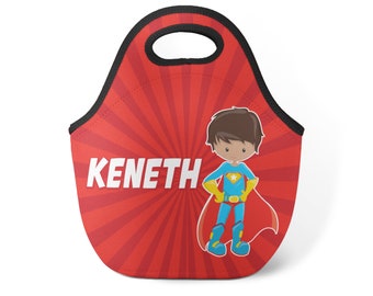 Kids Superhero Lunch Tote - Red Stripes Super Hero Snack Sack, Super Boy Hero Neoprene Personalized Lunch Bag, You Pick Boy - Kids Name Gift