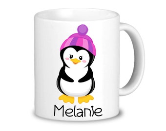 Penguin Personalized Mug - Pink Purple Girl Penguin Drinkware Cup, You Pick Penguin, Plastic Ceramic Mug - Kids Name Gift
