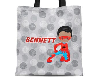 Personalized Superhero Tote Bag - Gray Dots Super Boy Sack Bag, Red Blue Spider Super Hero Kids Tote Bag, You Pick Boy - Childs Name Gift
