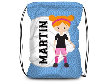 Volleyball Kids Drawstring Backpack - Blue Sports Cinch Sack, Girl Volleyball Player Personalized Bag, You Pick Girl - Childs Name Gift