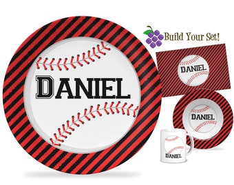 Baseball Personalized Plate - Red Black Stripe Sport Dinner Plate, Baseball Melamine Plate, You Pick Sport - Kids Name Gift