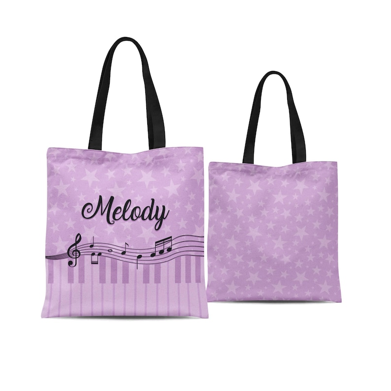 Piano Lesson Tote Bag - Lavender Stars Music Treble Clef Sack, Purple Musician Keyboard Musical Note Personalized Tote Bag - Kids Name Gift image 2