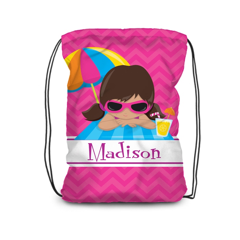 Beach Drawstring Backpack You Pick Girl Kids Name Gift Pink Chevron Sea Shore Beach Cinch Sack Swimming Pool Beach Personalized Bag