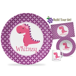 Dinosaur Plate - Purple Geometric Stars Prehistoric Dino Dinner Plate, Girls Pink Jurassic TRex Dinosaur Personalized Plate - Kids Name Gift