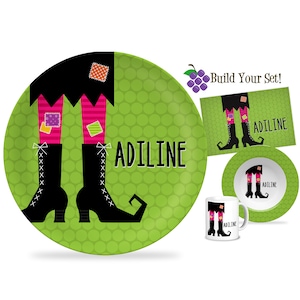 Halloween Plate - Lime Green Polka Dots Witch Legs Dinnerware Dinner Plate, Spooky Pink Witch Halloween Personalized Plate - Kids Name Gift