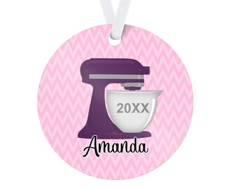 Personalized Baking Ornament - Pink Chevron Kitchen Mixer Holiday Decor, Purple Mixer Christmas Tree Ornament, You Pick Color - Name Gift