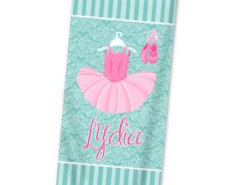 Ballerina Beach Towel - Turquoise Damask Ballet Lightweight Pool Towel, Girl Pink Tutu Ballet Slippers Personalized Towel - Kids Name Gift