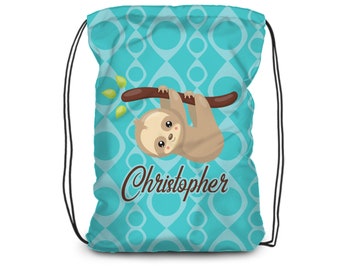 Personalized Sloth Drawstring Backpack - Turquoise Diamonds Animal Cinch Sack, Little Brown Sloth Backpack, You Pick Sloth - Kids Name Gift