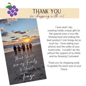 The image is a collage of two photos. The first photo shows a group of people walking on a beach at sunset, with the sky filled with clouds and the sun setting over the ocean. The second photo is a close-up of a person's face, with the text "Thank You" written on it.