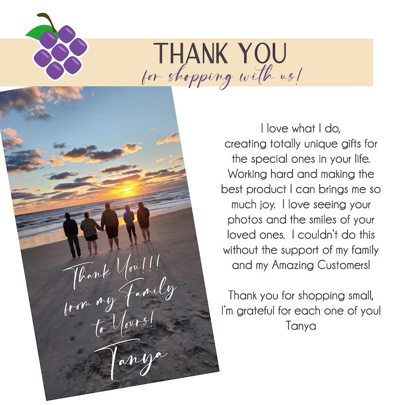 The image is a collage of two photos. The first photo shows a group of people walking on a beach at sunset, with the sky filled with clouds and the sun setting over the ocean. The second photo is a close-up of a person's face, with the text "Thank You" written on it.