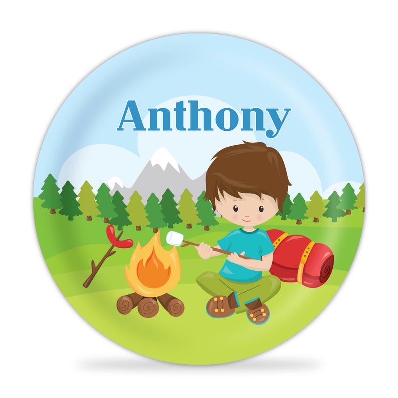 You Pick Kid Camping Plate Great Outdoors Camp Out Personalized Melamine Plate Kids Name Gift Wilderness Camper Dinner Plate