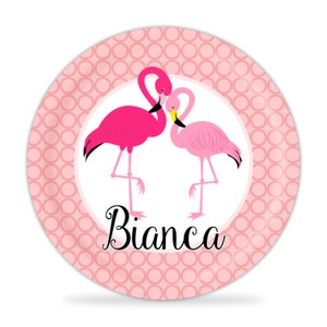 Flamingo Plate Hot Pink Love Birds Flamingo Dinner Plate, Coral Circles Tropical Bird Pink Flamingo Personalized Plate Kids Name Gift image 2