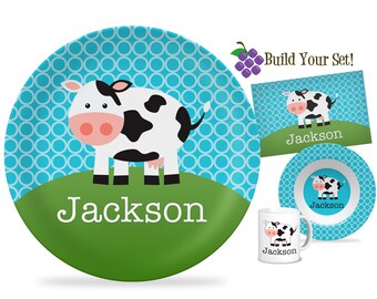 Kids Cow Plate - Teal Blue Sky Black White Cow Dinner Plate, Simple Farm Animal Personalized Plate, You Pick Farm Animal - Childs Name Gift