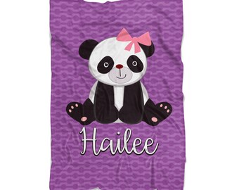 Personalized Panda Blanket - Purple Dots Black White Bear Throw Blanket Decor, Pink Bow Panda Bear Blanket, You Pick Panda - Kids Name Gift