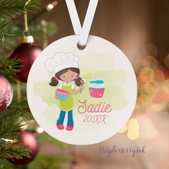 Personalized Baking Ornament - Lime Green Baker Girl Holiday Decor, Kids Baker Christmas Tree Ornament, You Pick Girl - Childs Name Gift
