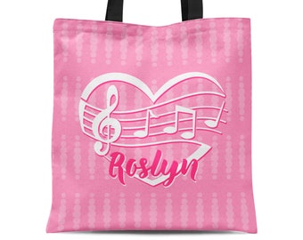 Piano Lesson Tote Bag - Pink Heart Music Treble Clef Sack, Musician Musical Note Staff Personalized Tote Bag, You Pick Image - Kid Name Gift