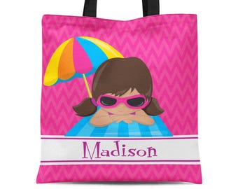 Beach Personalized Tote Bag - Hot Pink Chevron Beach Bag Sack, Girl Swimmer Beach Umbrella Tote Bag, You Pick Girl - Kids Name Gift