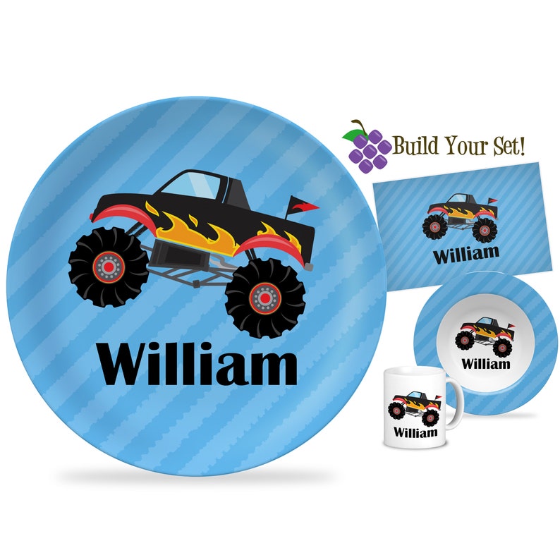 Monster Racing Plate Design Blue Monster Truck Plate: Personalized Black Flame Big Wheel Racer ...