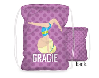 Gymnast Personalized Drawstring Backpack - Purple Polka Dots Girls Gymnastic Cinch Sack, Gymnastic Gym Bag, You Pick Girl - Kids Name Gift