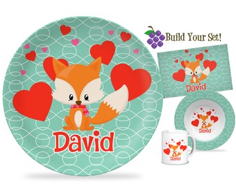 Fox Personalized Plate - Mint Green Turquoise Animal Dinner Plate Set, Red Pink Hearts Love Valentines Day Animal Plate - Kids Name Gift