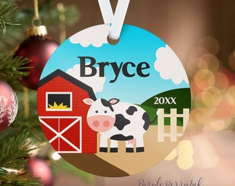 Personalized Farm Ornament - Red Barn Cow Christmas Tree Holiday Decor - Childs Custom Name Gift