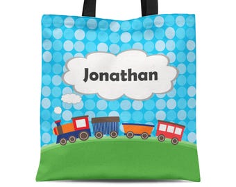 Train Tote Bag - Blue Polka Dots Train Engine Tote Sack, Red Chugga Choo Engineer Train Car Personalized Tote Bag - Kids Name Gift Bag