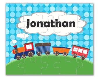 Personalized Train Puzzle - Blue Polka Dot Sky Train Engine Puzzle, Little Red Train Personalized Puzzle - Kids Name Gift