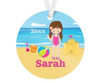 Beach Ornament - Blue Ocean Holiday Decor, Sandcastle Sea Shore Girl Personalized Christmas Tree Ornament, You Pick Girl - Kids Name Gift