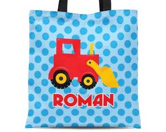 Construction Truck Tote Bag - Blue Polka Dot Digger Sack, Kids Red Bull Dozer Truck Personalized Tote Bag, You Pick Truck - Childs Name Gift