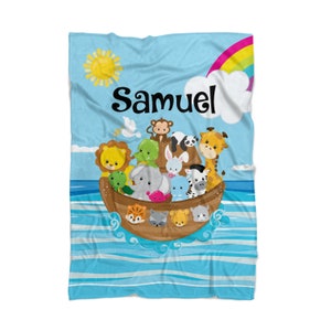 Noahs Ark Baby Blanket - Blue Ocean Noahs Ark Soft Throw Blanket Decor, Baby Animal Noahs Ark Personalized Blanket - Kids Name Gift