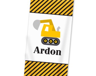 Construction Beach Towel - Yellow Black Stripe Digger Lightweight Pool Towel, Truck Personalized Towel, You Pick Truck - Kids Name Gift