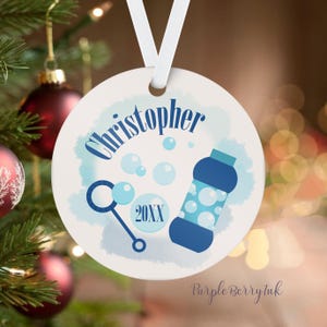 Blue Bubble Ornament - Popping Bubbles Wand Personalized First Christmas Tree Holiday Decor - Kids Name Gift