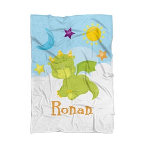 Baby Dragon Blanket - Blue Clouds Mythical Creature Soft Throw Decor, Cute Sleepy Green Lizard Dragon Personalized Blanket - Kids Name Gift