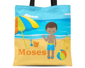 Beach Tote Bag - Blue Ocean Sandcastle Beach Sack, Swimmer Boy Beach Personalized Bag, You Pick Boy - Kids Name Gift