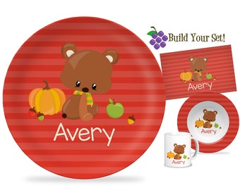 Fall Bear Plate - Red Stripes Thanksgiving Dinner Plate, Fall Autumn Cute Sleepy Bear Personalized Plate, You Pick Animal - Kids Name Gift