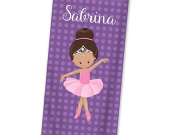 Ballerina Beach Towel - Purple Polka Dots Ballet Lightweight Pool Towel, Pink Ballerina Personalized Towel, You Pick Girl - Kids Name Gift