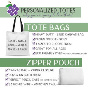 The image is a promotional graphic for personalized tote bags and zipper pouches. It features a white tote bag with a black handle, a zipper pouch, and a canvas bag with a zipper closure. The tote bag is described as a heavy duty canvas bag, suitable for various sizes, and the zipper pouch is designed to be eco-friendly, with a perfect pencil case or cosmetic bag. The image also includes a graphic of a purple grapefruit, which adds a touch of color and visual interest to the overall design.
