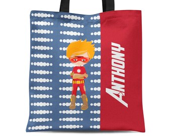 Superhero Personalized Tote Bag - Blue Polka Dots Super Boy Sack Bag, Red Super Hero Boy Kids Tote Bag, You Pick Boy - Childs Name Gift