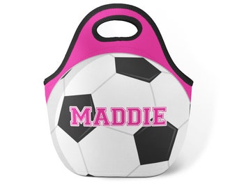 Kids Sports Lunch Tote Pink Soccer Black White Soccer Ball Snack Sack,  Sports Personalized Neoprene Lunch Tote Bag Childs Name Gift