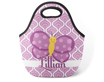 Personalized Butterfly Lunch Tote - Retro Swirl Purple Butterfly Snack Sack, Lavender Butterfly Neoprene Lunch Bag - Kids Name Gift