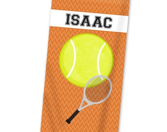Sports Beach Towel - Orange Chevron Tennis Pool Towel, Tennis Ball Sports Pool Personalized Beach Towel, You Pick Sport - Kids Name Gift