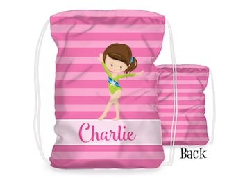 Kids Gymnastic Drawstring Backpack - Girls Gymnast Cinch Sack, Pink Stripes Gymnastic Personalized Bag, You Pick Girl - Childs Name Gift